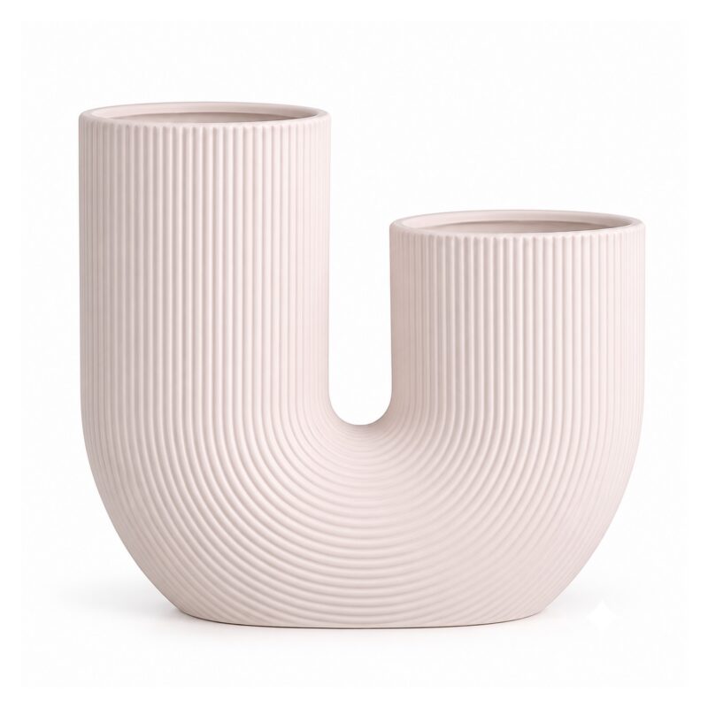 Wazon ceramiczny w kształcie litery U, prążkowany, biały lub różowy - wariant jasnoróżowy, 24 x 21 cm