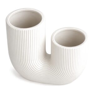 Wazon ceramiczny w kształcie litery U, prążkowany, biały lub różowy - wazon z góry, widoczne dwa otwory i prążki