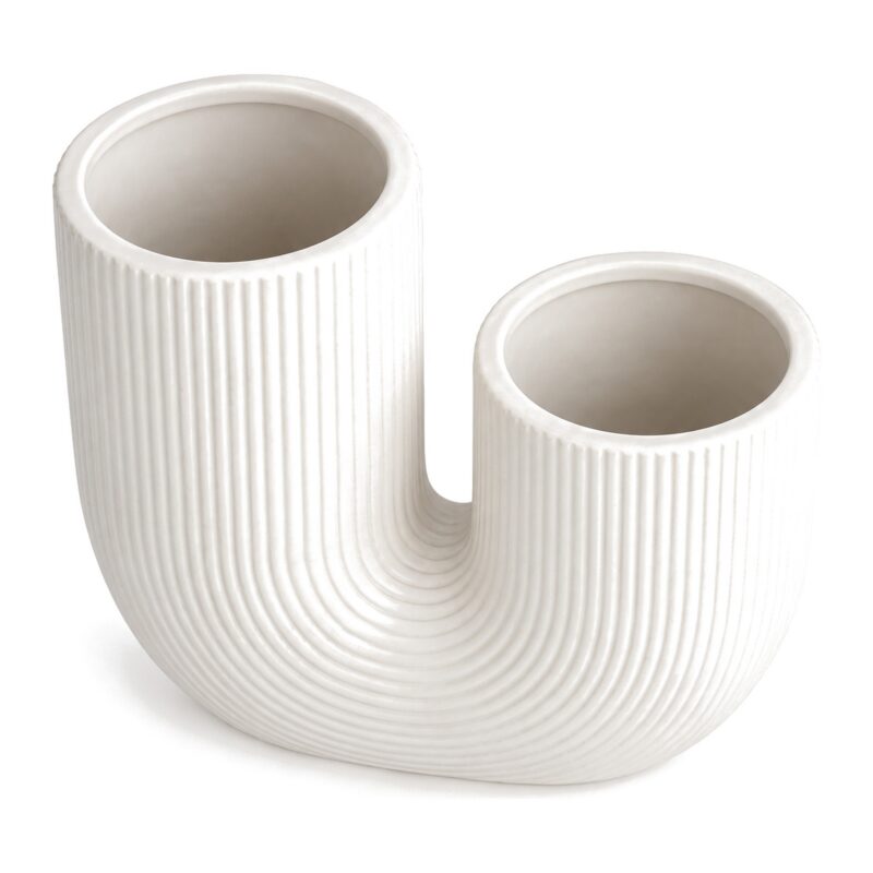 Wazon ceramiczny w kształcie litery U, prążkowany, biały lub różowy - wazon z góry, widoczne dwa otwory i prążki