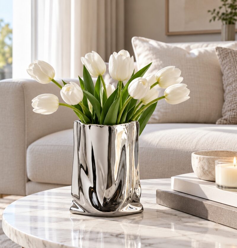 Wazon ceramiczny w kształcie marszczonej torby, srebrny lub złoty - jasny nowoczesny salon, wazon z białymi tulipanami na okrągłym białym stoliku