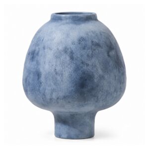 Wazon ceramiczny matowy z fakturą 21 cm, pękaty, na nóżce - wariant niebieski