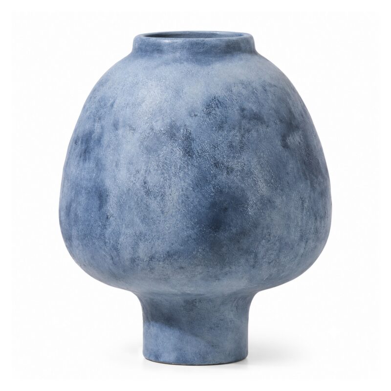 Wazon ceramiczny matowy z fakturą 21 cm, pękaty, na nóżce - wariant niebieski