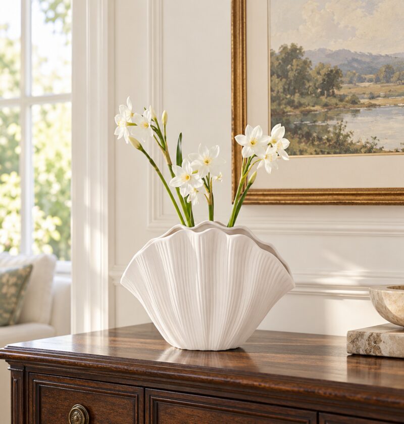 Wazon ceramiczny muszla 20 x 16 cm, biały, na suszone kwiaty - jasny salon z konsolą, wazon z białymi narcyzami