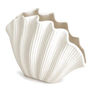 Wazon ceramiczny muszla 20 x 16 cm, biały, na suszone kwiaty - widok z boku 3/4, płaski profil i falisty brzeg