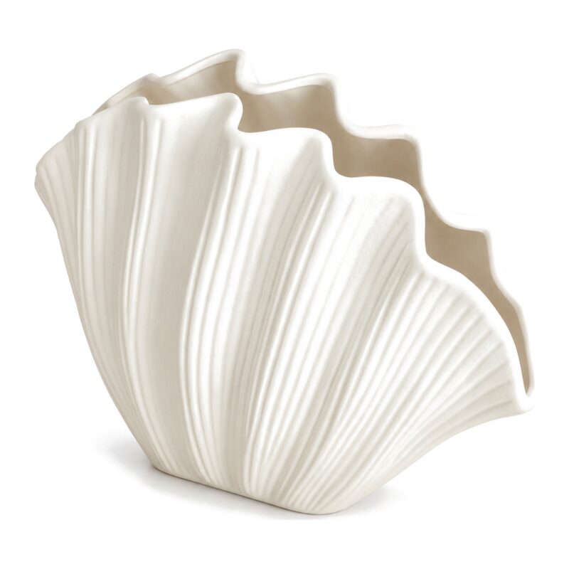 Wazon ceramiczny muszla 20 x 16 cm, biały, na suszone kwiaty - widok z boku 3/4, płaski profil i falisty brzeg
