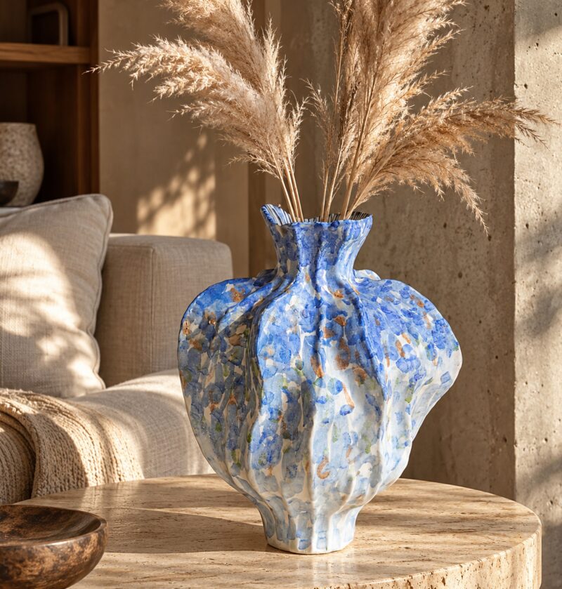 Wazon ceramiczny nieregularny 34 cm, pofałdowany, malowane szkliwo - wnętrze wabi-sabi z betonową ścianą, niebieski wazon na trawertynowym stoliku