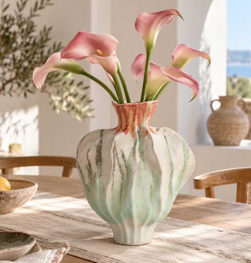 Wazon ceramiczny nieregularny 34 cm, pofałdowany, malowane szkliwo - jasna jadalnia, biały wazon z kaliami na dębowym stole