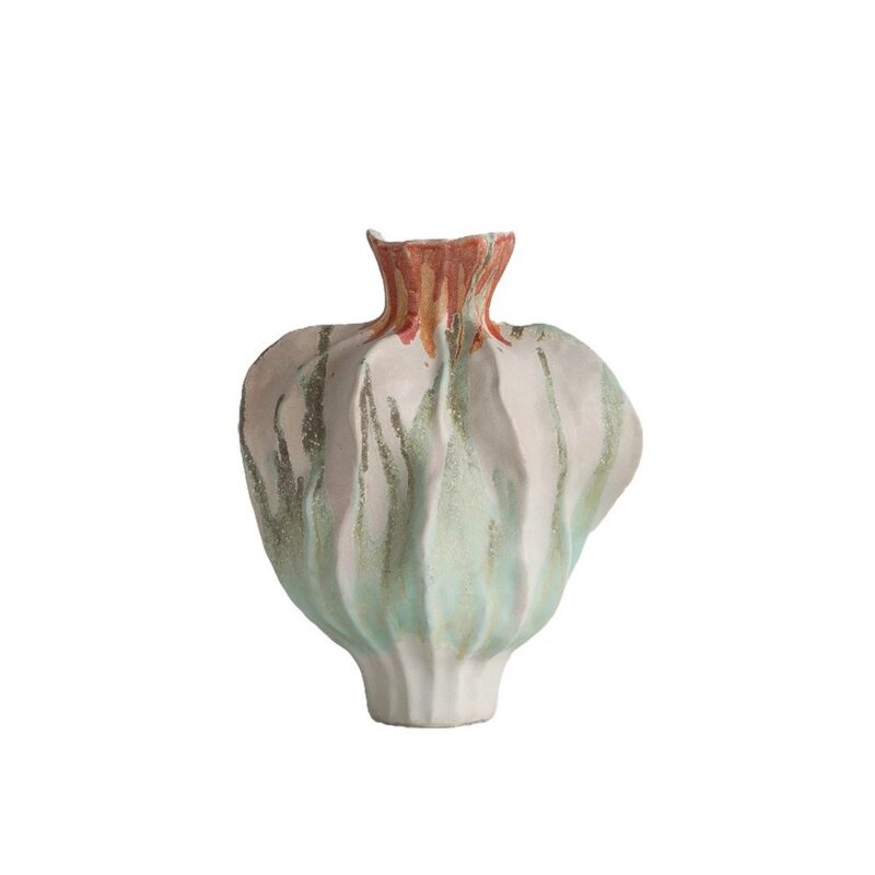 Wazon ceramiczny nieregularny 34 cm, pofałdowany, malowane szkliwo - wariant biały z koralowym