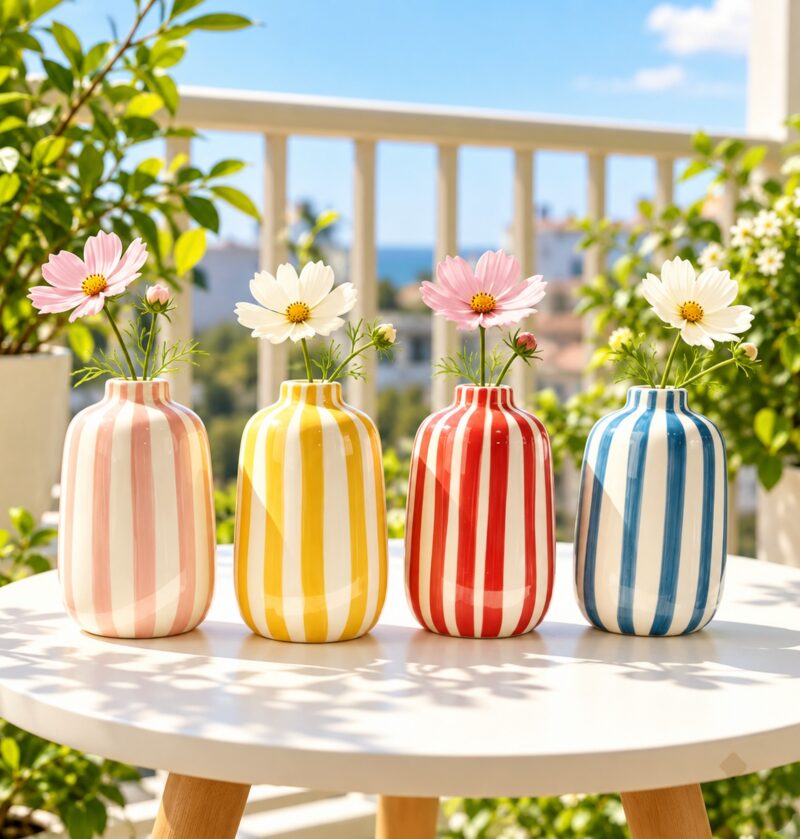 Wazon ceramiczny w paski 14 cm, ręcznie malowany, mały, 4 kolory - balkon, cztery wazony na białym stoliku