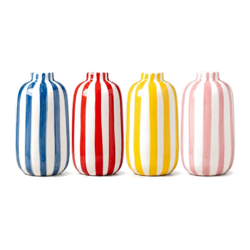 Wazon ceramiczny w paski 14 cm, ręcznie malowany, mały, 4 kolory - cztery wazony w paski: niebieski, czerwony, żółty, różowy, bez tekstu