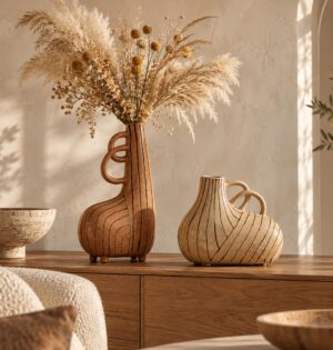 Wazon ceramiczny w paski z uszkami, szkliwo spękane, 23,5 lub 35,5 cm - konsola w stylu wabi-sabi przy obrazie strukturalnym, suszone kwiaty