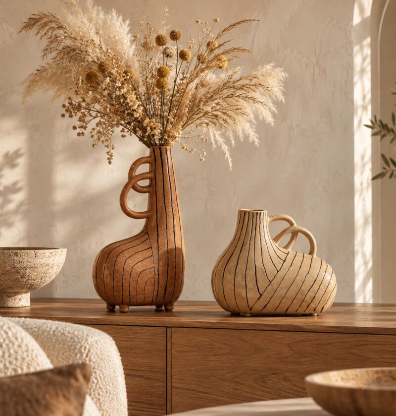 Wazon ceramiczny w paski z uszkami, szkliwo spękane, 23,5 lub 35,5 cm - konsola w stylu wabi-sabi przy obrazie strukturalnym, suszone kwiaty