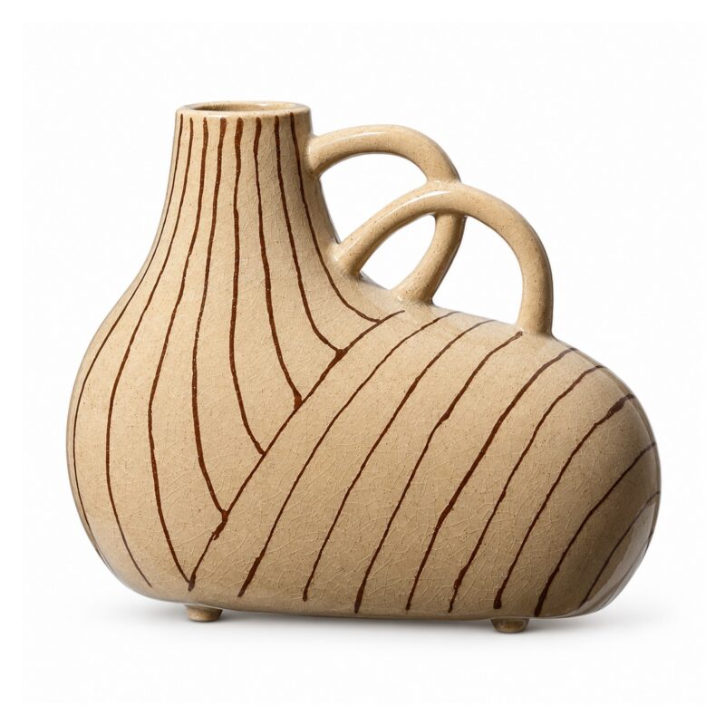 Wazon ceramiczny w paski z uszkami, szkliwo spękane, 23,5 lub 35,5 cm - wariant niski beżowy 23,5 cm