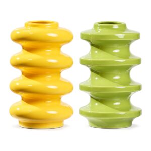 Wazon ceramiczny z pierścieniami 20 cm, spiralny, żółty lub zielony - żółty i zielony wazon obok siebie