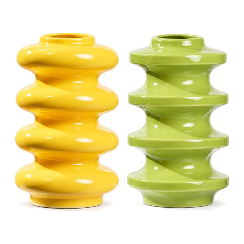 Wazon ceramiczny z pierścieniami 20 cm, spiralny, żółty lub zielony - żółty i zielony wazon obok siebie