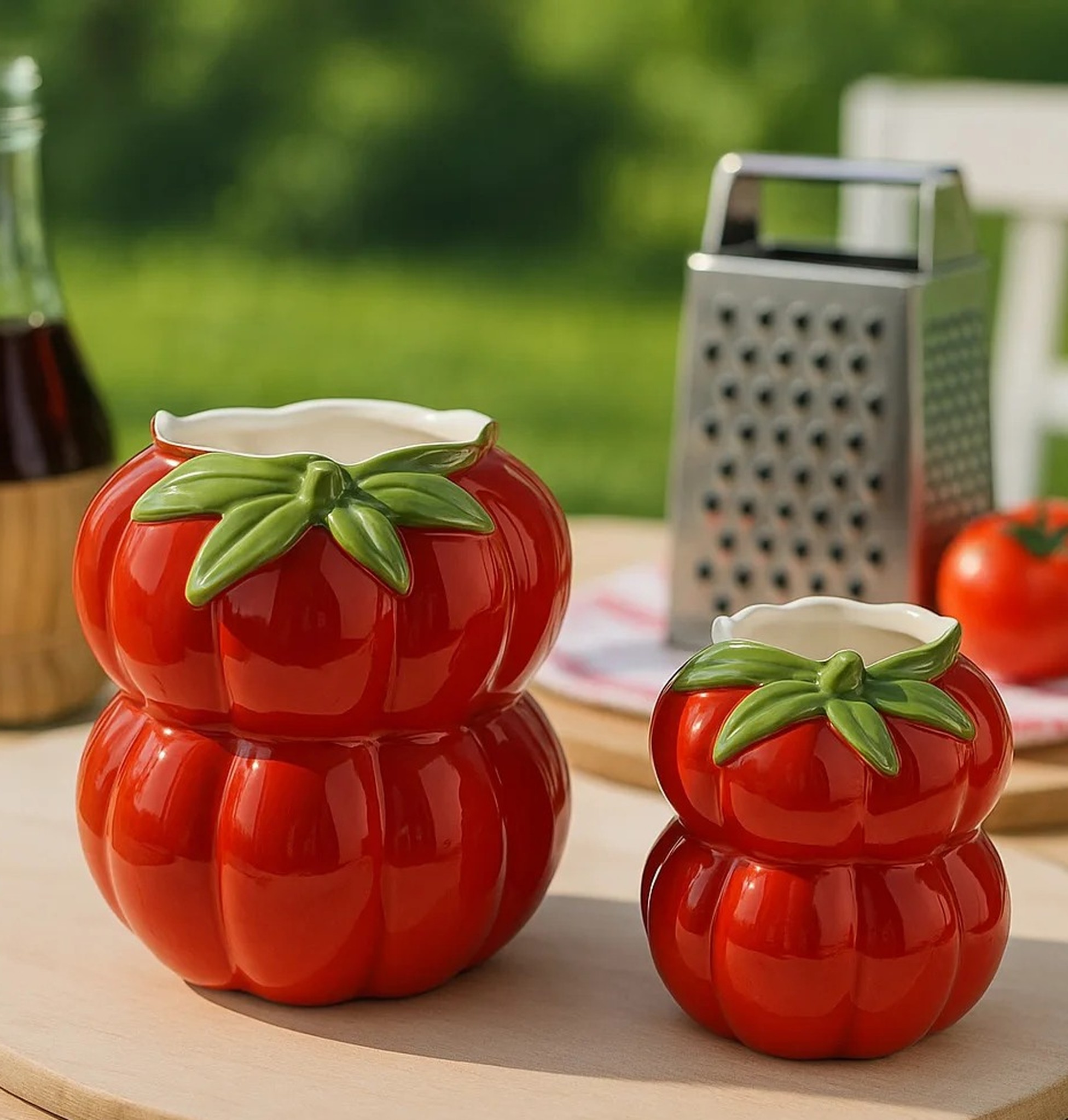 wazony na desce obok tarki i pomidora