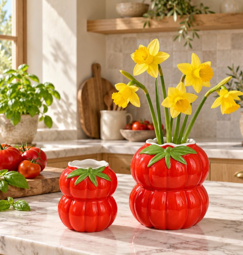 Wazon ceramiczny w kształcie pomidora, czerwony, 13,5 lub 19 cm - letni stół na tarasie, żonkil w wazonie