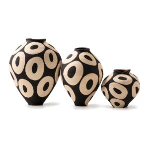 Wazon ceramiczny ręcznie malowany w okręgi, czarno-kremowy, 3 rozmiary - trzy rozmiary S, M, L obok siebie