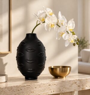 Wazon ceramiczny z reliefem ust 25 cm, matowy, na suche kwiaty - nowoczesny salon, czarny wazon z białą orchideą na jasnej konsoli