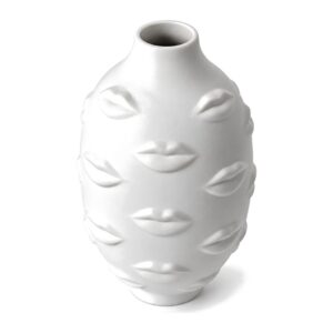 Wazon ceramiczny z reliefem ust 25 cm, matowy, na suche kwiaty - biały wazon z reliefem ust, widok 3/4