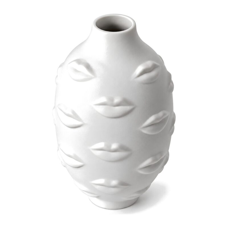 Wazon ceramiczny z reliefem ust 25 cm, matowy, na suche kwiaty - biały wazon z reliefem ust, widok 3/4