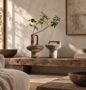 Wazon ceramiczny rustykalny z efektem rdzy, do suszonych kwiatów - półka w salonie wabi-sabi, lniane tkaniny, oba wazony z zieloną gałązką