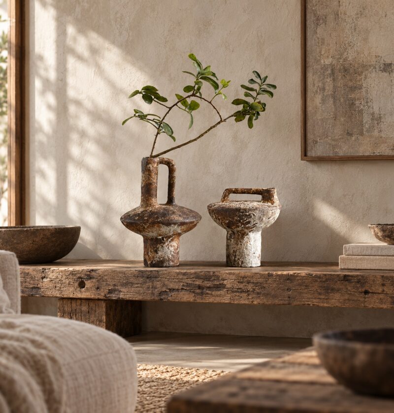 Wazon ceramiczny rustykalny z efektem rdzy, do suszonych kwiatów - półka w salonie wabi-sabi, lniane tkaniny, oba wazony z zieloną gałązką