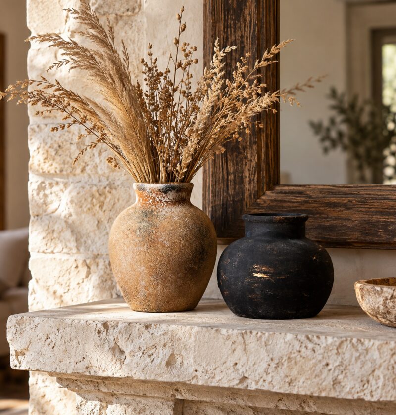 Wazon ceramiczny rustykalny w stylu wabi-sabi, czarny lub rdzawy - rustykalny kominek, rdzawy i czarny wazon z suchymi trawami