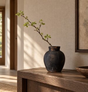 Wazon ceramiczny rustykalny w stylu wabi-sabi, czarny lub rdzawy - przedpokój japandi, czarny wazon z gałązką