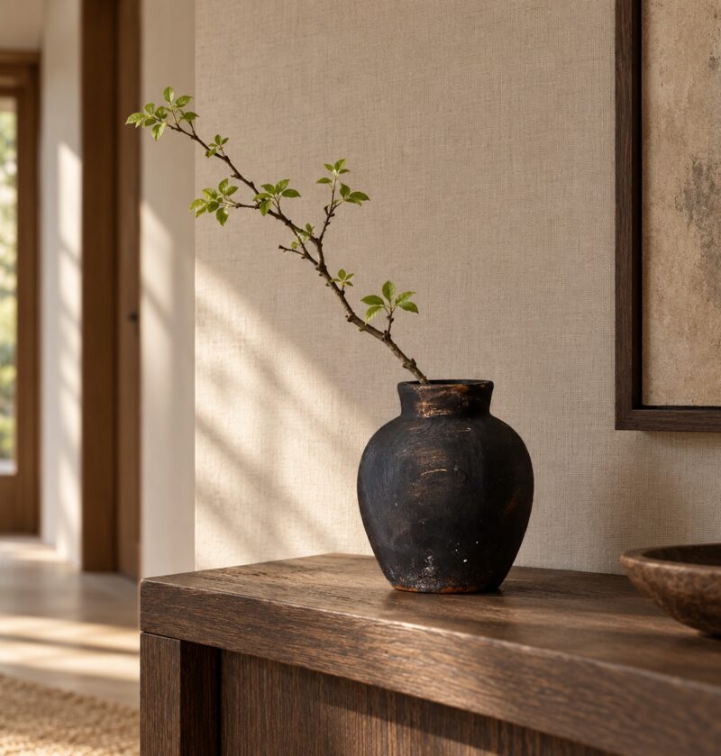 Wazon ceramiczny rustykalny w stylu wabi-sabi, czarny lub rdzawy - przedpokój japandi, czarny wazon z gałązką