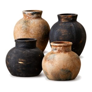 Wazon ceramiczny rustykalny w stylu wabi-sabi, czarny lub rdzawy - cztery wazony, czarne i rdzawe, razem