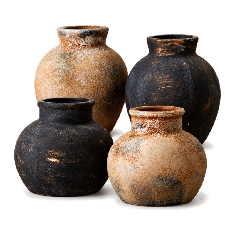 Wazon ceramiczny rustykalny w stylu wabi-sabi, czarny lub rdzawy - cztery wazony, czarne i rdzawe, razem