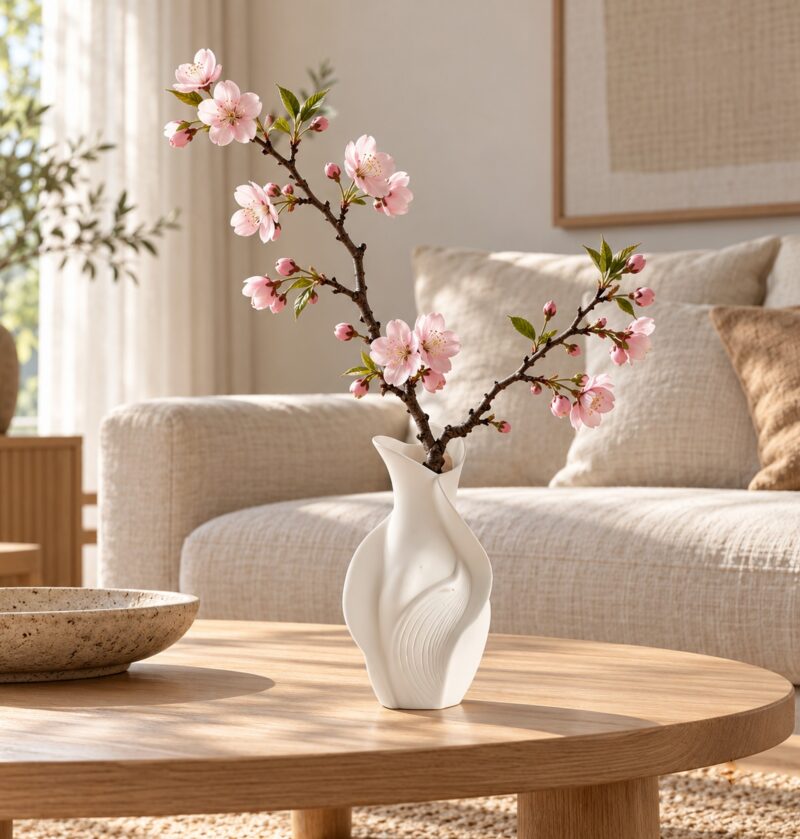 Wazon ceramiczny rzeźbiony w kształcie liści 18 cm, nowoczesny - jasny salon w stylu japandi, wazon z gałązką kwitnącej wiśni na niskim stoliku