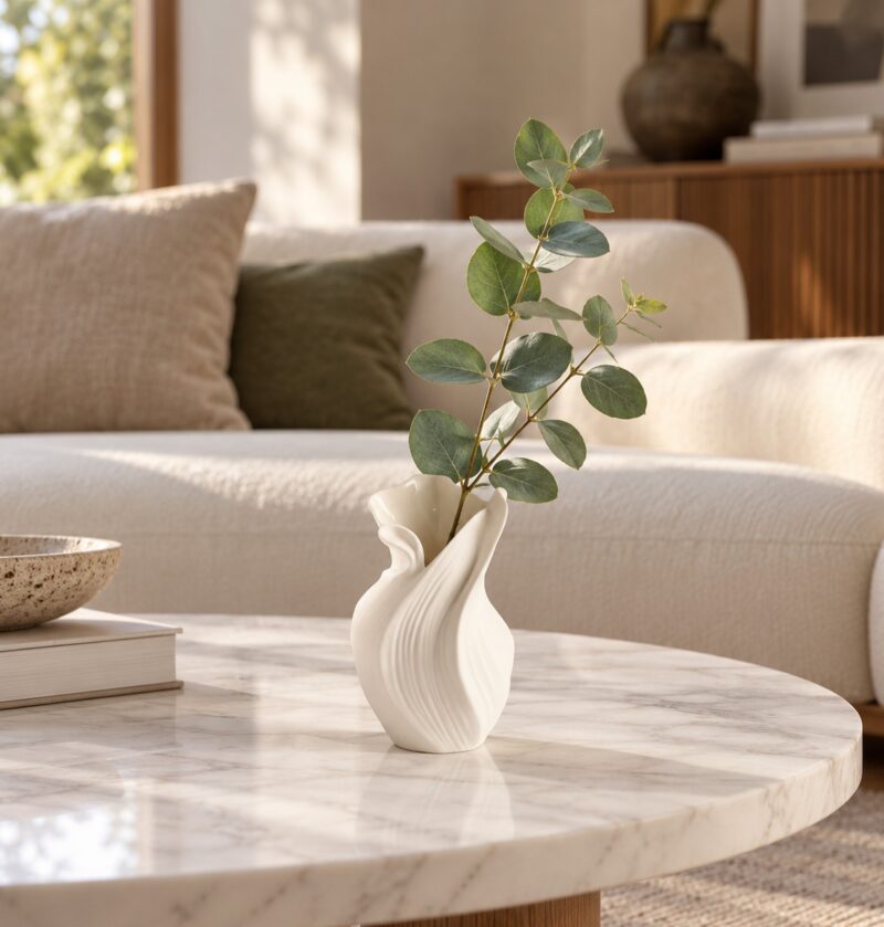 Wazon ceramiczny skręcony, rzeźbiarska forma 17,5 cm, nowoczesny - marmurowy stolik kawowy z zieloną gałązką