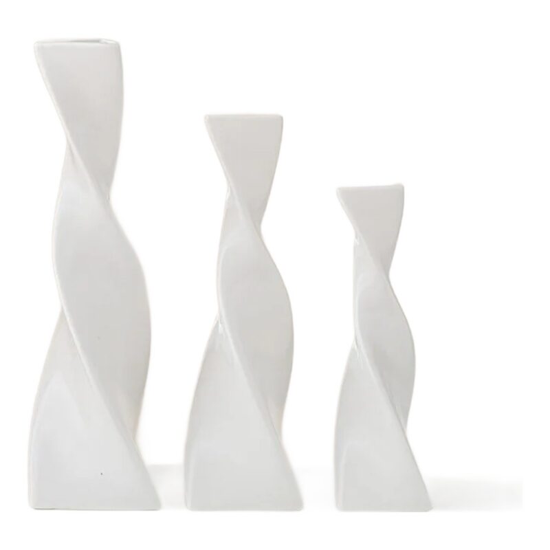 Wazon ceramiczny skręcony, smukły, trójkątny, czarny lub biały - trzy białe wazony w trzech wysokościach