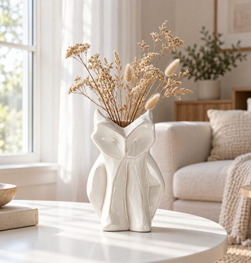 Wazon ceramiczny sowa 21 cm, biały, geometryczny, styl skandynawski - jasny salon skandynawski, wazon z suchymi trawami na białym stole