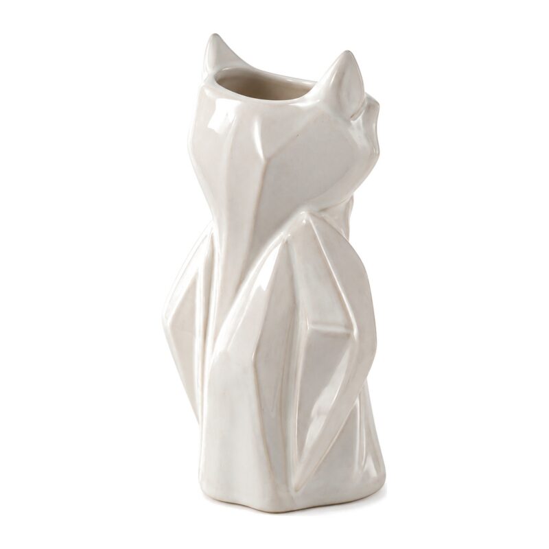 Wazon ceramiczny sowa 21 cm, biały, geometryczny, styl skandynawski - biała geometryczna sowa w ujęciu 3/4 z boku