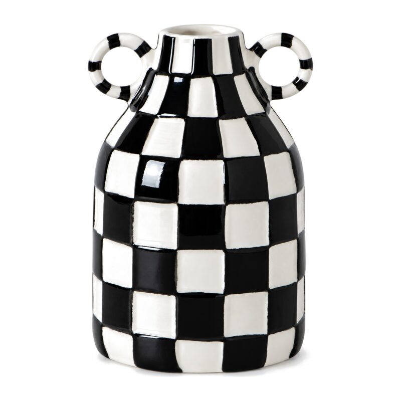 Wazon ceramiczny w szachownicę z uszami 16 cm, czarny lub niebieski - zdjęcie główne