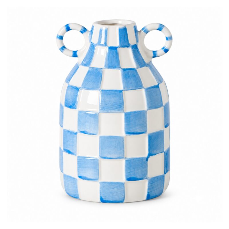 Wazon ceramiczny w szachownicę z uszami 16 cm, czarny lub niebieski - wariant niebiesko-biały