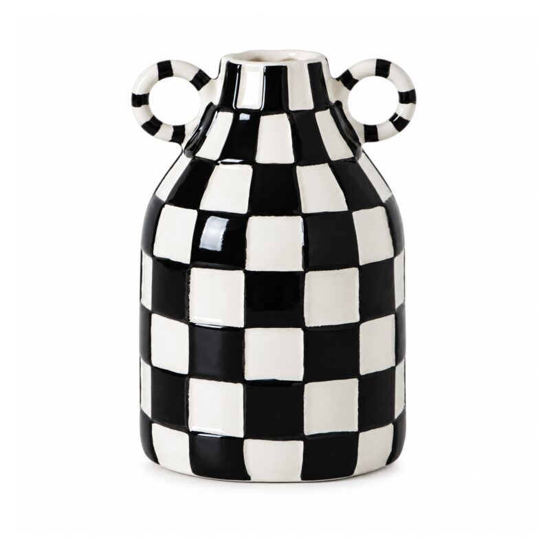 Wazon ceramiczny w szachownicę z uszami 16 cm, czarny lub niebieski - wariant czarno-biały