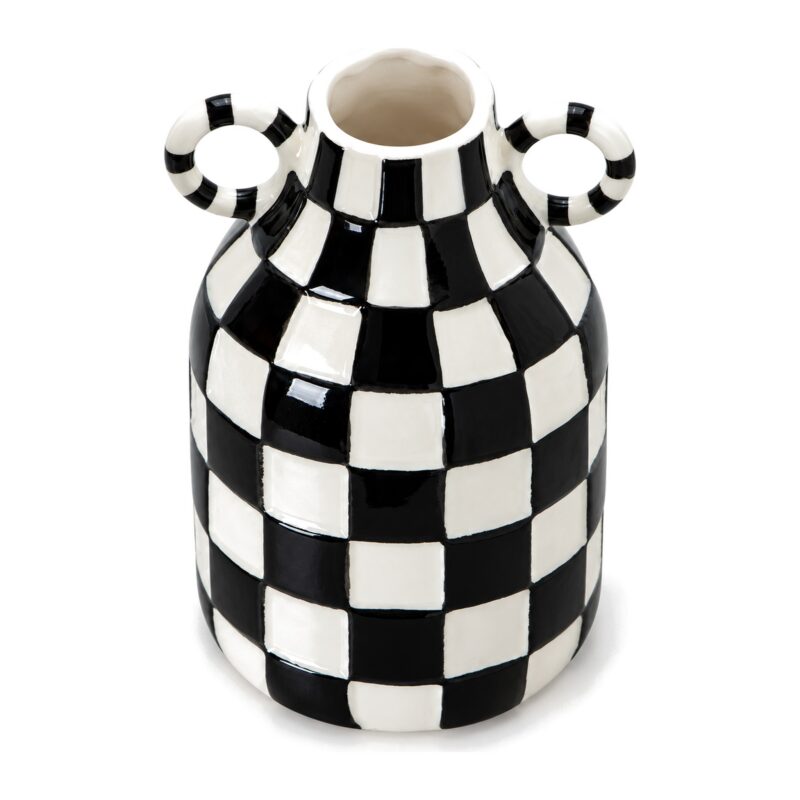 Wazon ceramiczny w szachownicę z uszami 16 cm, czarny lub niebieski - zbliżenie okrągłego ucha w paski i wąskiego otworu czarnego wazonu