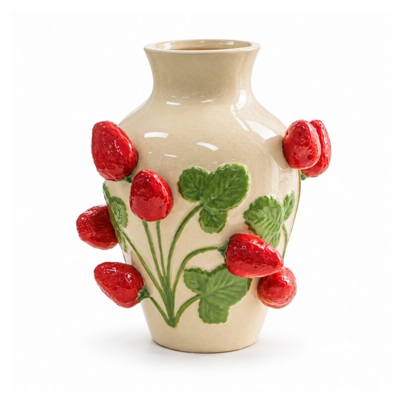 Wazon ceramiczny z truskawkami 3D, kremowy, 25 lub 28,5 cm - wariant duży 28,5 cm