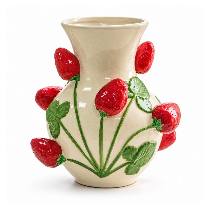 Wazon ceramiczny z truskawkami 3D, kremowy, 25 lub 28,5 cm - wariant średni 25 cm