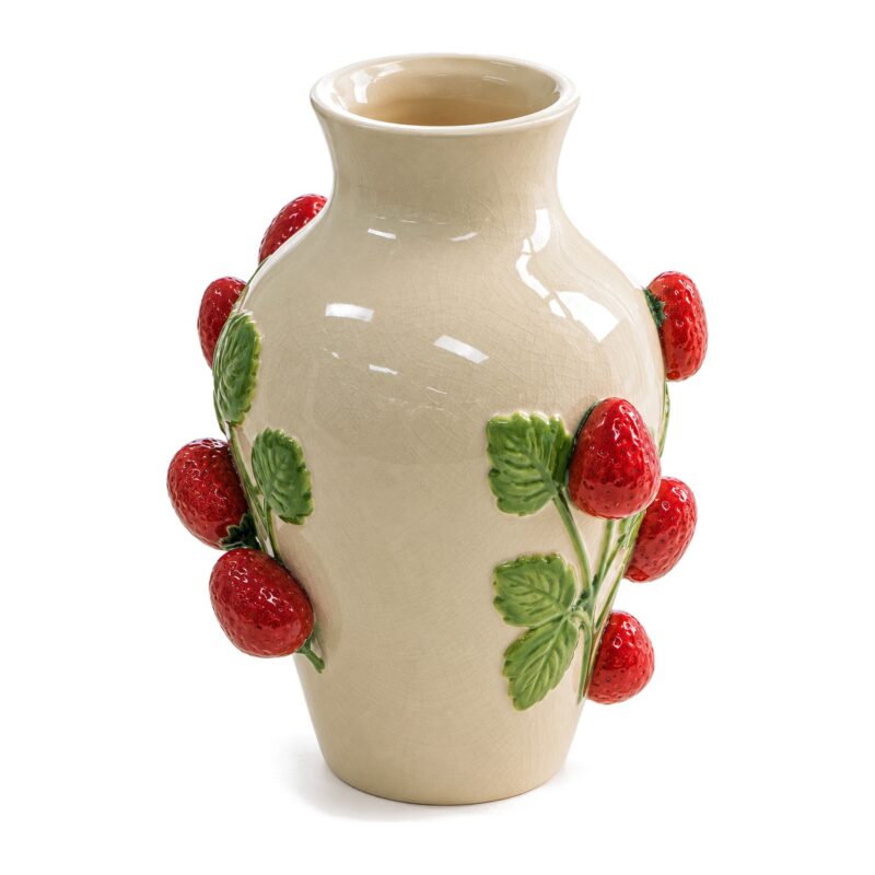 Wazon ceramiczny z truskawkami 3D, kremowy, 25 lub 28,5 cm - wazon obrócony o 90 stopni, widok z boku na białym tle