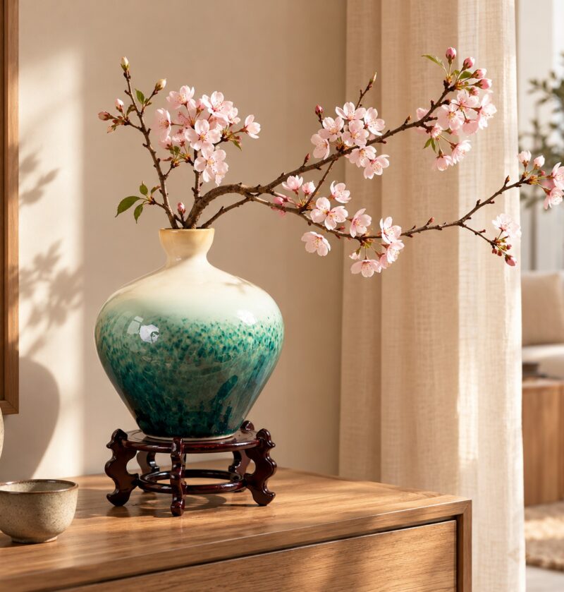 Wazon ceramiczny turkusowy z kremowym szkliwem 22 cm, kulisty - wazon na podstawce z kwitnącą gałązką, obok czajnik z gliny