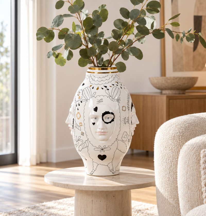 Wazon ceramiczny z twarzami 50 cm, biały z rysunkami i złotem - jasny salon, wazon z gałązką na okrągłym stoliku