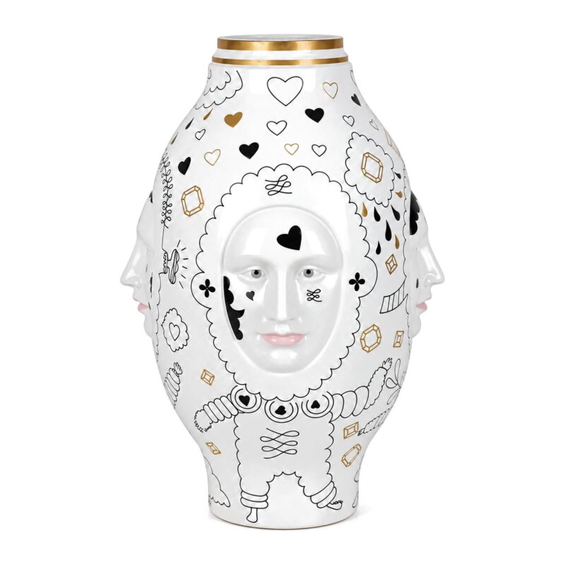Wazon ceramiczny z twarzami 50 cm, biały z rysunkami i złotem - zdjęcie główne