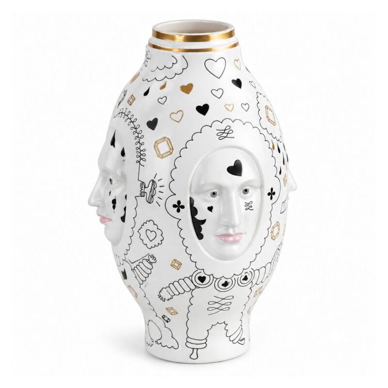 Wazon ceramiczny z twarzami 50 cm, biały z rysunkami i złotem - wariant wariant