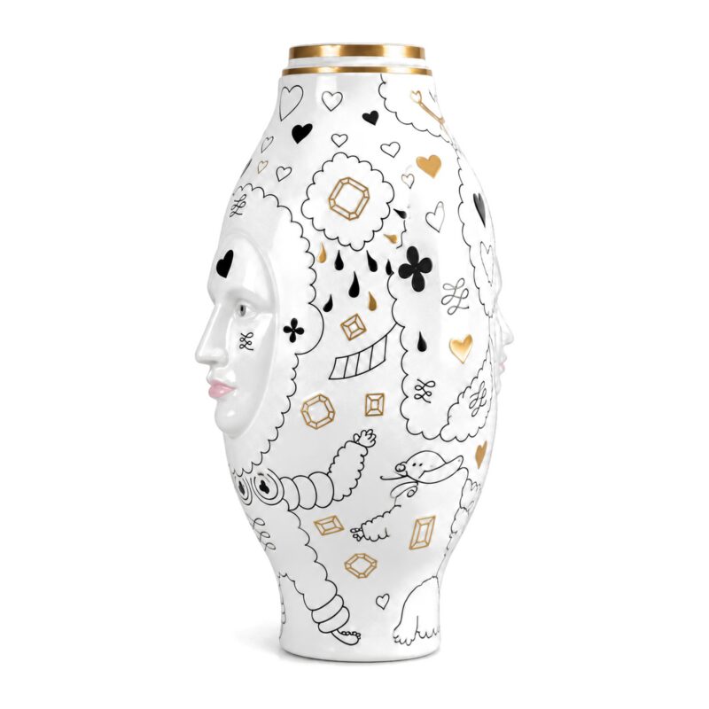 Wazon ceramiczny z twarzami 50 cm, biały z rysunkami i złotem - widok produktu