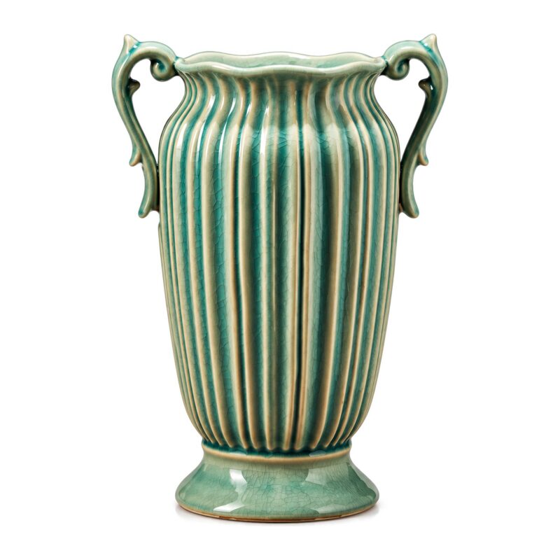 Wazon ceramiczny z uchwytami, prążkowany, szkliwo spękane 26 cm - zdjęcie główne